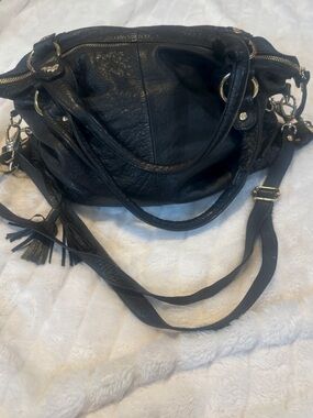 Jennigo Black Leather Handbag Made in Italy Gold Hardware Tassel